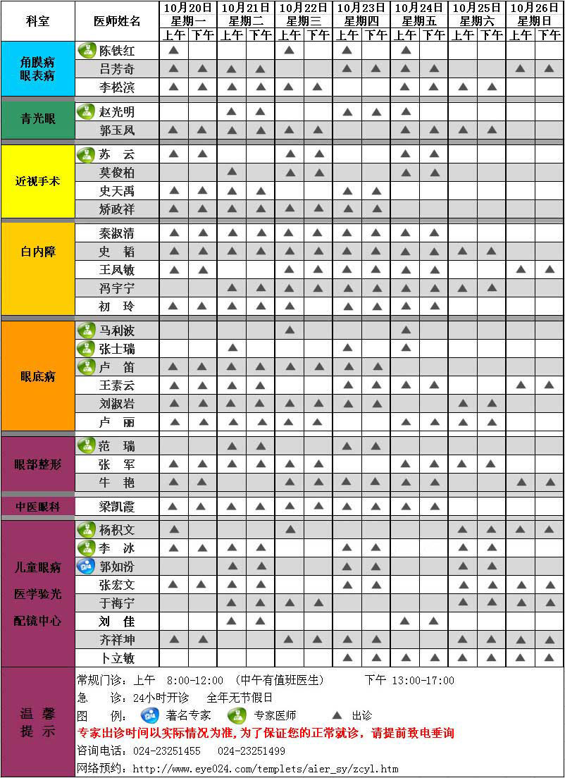 医师出诊表_患者服务_沈阳爱尔眼科医院